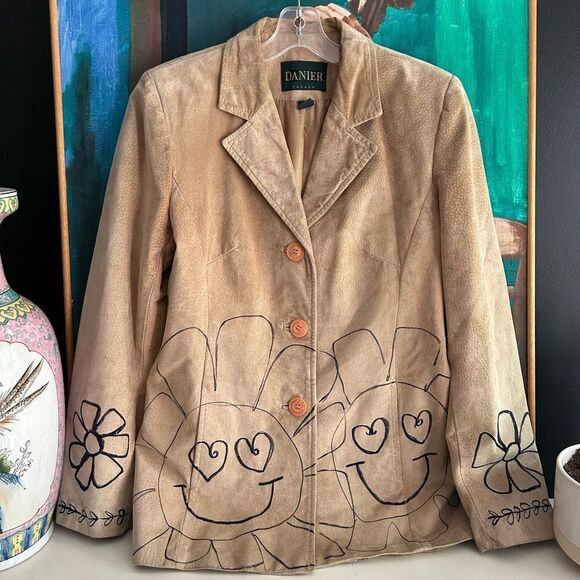 Danier Tan Leather Jacket with Floral Design Hand Drawn Small - Picture 7 of 16